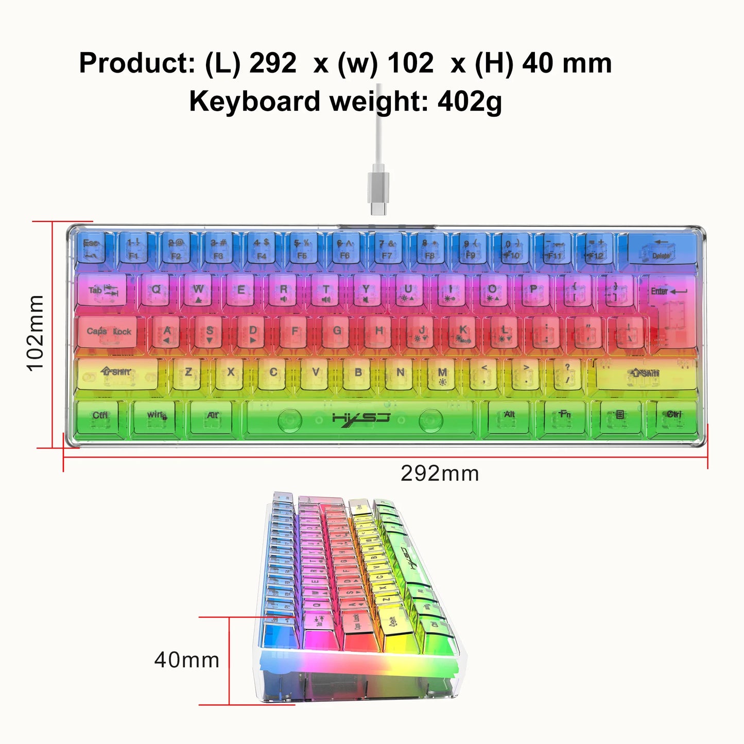 Teclado gaming transparente con cable HXSJ 60%, retroiluminación RGB, ultracompacto, resistente al agua, teclado compacto pequeño de 61 teclas para PC/Mac