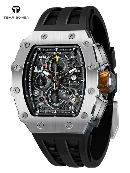 Reloj TSAR BOMBA para hombre, marca de lujo, diseño tonneau, impermeable, de acero inoxidable, reloj de pulsera de moda rectangular para hombre