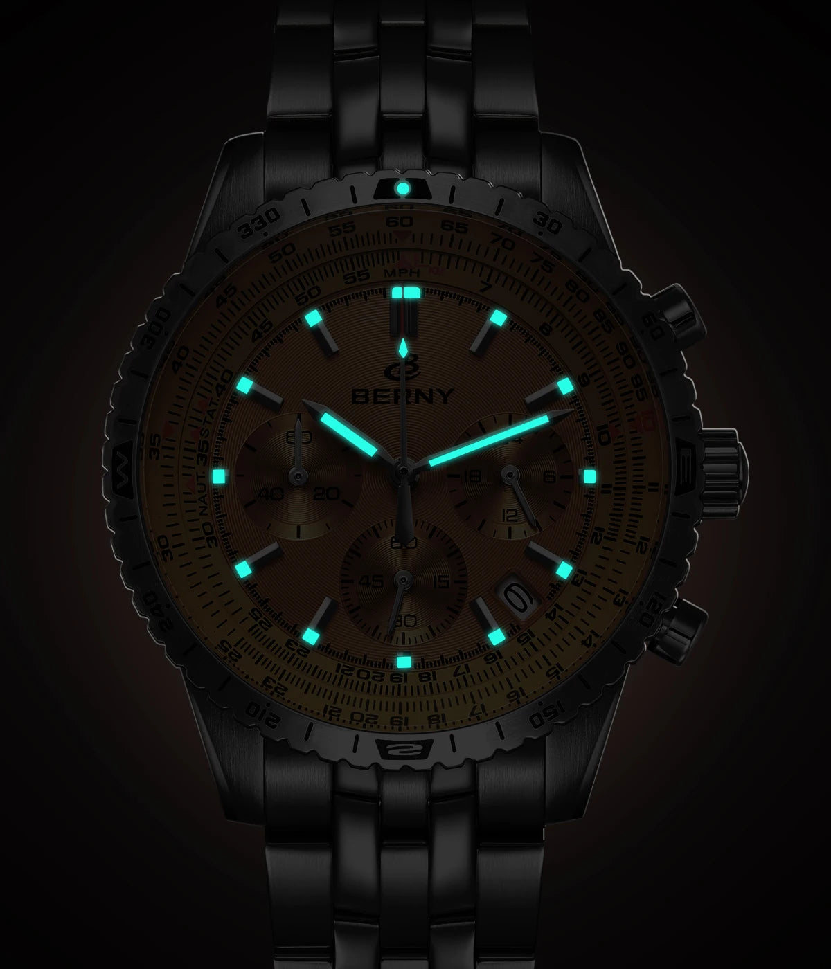 Relógio de homem BERNY Aviation – Cronógrafo de quartzo com data, vidro de safira e revestimento ultraluminescente – Relógio elegante de marca de luxo