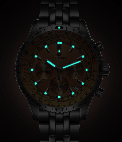 Relógio de homem BERNY Aviation – Cronógrafo de quartzo com data, vidro de safira e revestimento ultraluminescente – Relógio elegante de marca de luxo