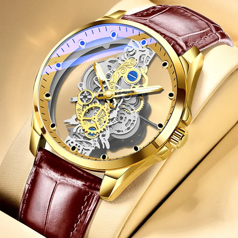 Trendig herrklocka, modell med dubbla öppningar, lyxig gulddesign, mekanisk tourbillon-imitation, kvartsverk.