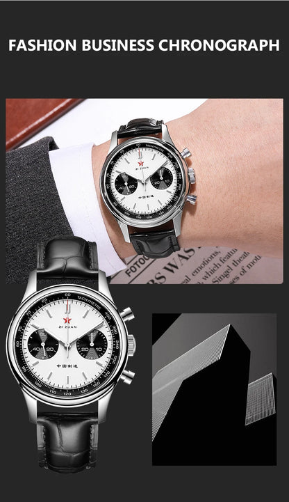 Red Star Panda Mens 1963 Chronograph Mechanical Wristwatch Seagull st1901 Movement Gooseneck 40mm Luminous Sapphire Pilot Watch