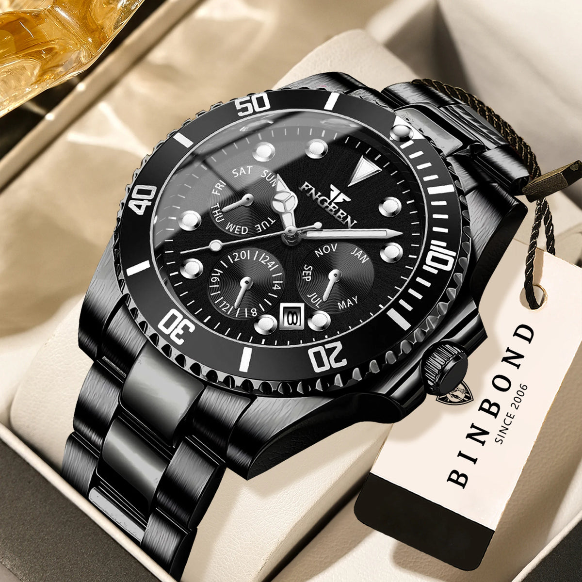 Relógio de quartzo de luxo para homem BINBOND, preciso, com data automática, luminoso, estanque, ideal para desporto, negócios e lazer. Resistente e duradouro.