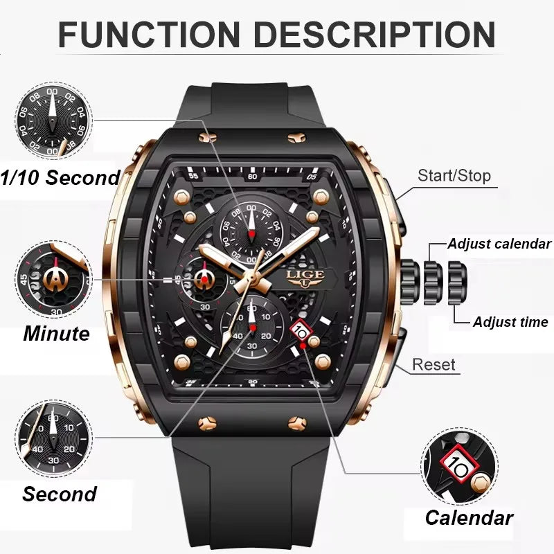 Reloj LIGE para hombre, de moda y lujo, resistente al agua, correa de silicona, cuarzo, luminoso, deportivo, fecha automática, cronógrafo, diseño sencillo