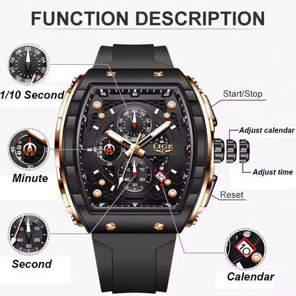 Reloj LIGE para hombre, de moda y lujo, resistente al agua, correa de silicona, cuarzo, luminoso, deportivo, fecha automática, cronógrafo, diseño sencillo
