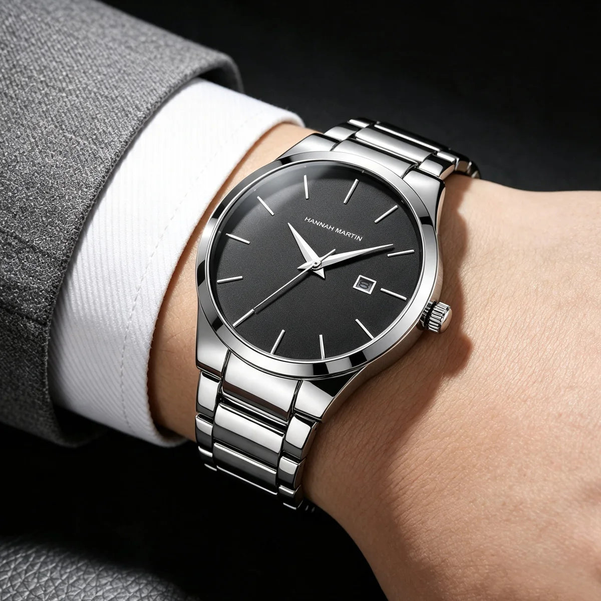 Relógio de homem Hannah Martin, caixa em aço inoxidável, movimento de quartzo, mostrador de 41 mm, estilo profissional, com indicação do calendário (imitação)