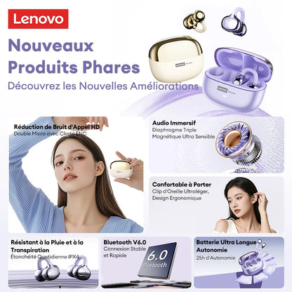 Auriculares Lenovo LE302 inalámbricos Bluetooth 6.0, batería de larga duración, clip deportivo para la oreja, estéreo HIFI con cancelación de ruido