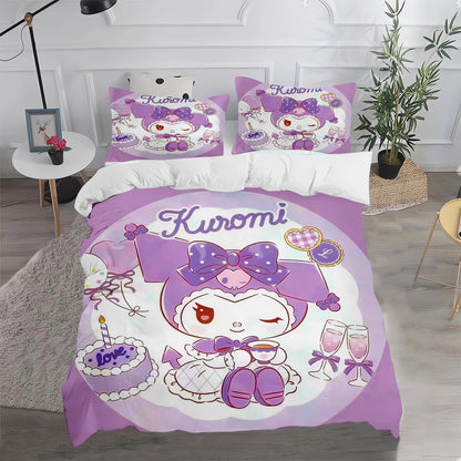 Conjunto de Capa de Edredão e Fronha Kuromi Fofo para Cama, Decoração de Quarto para Adulto, Rapaz e Rapariga, Presente para Crianças, Tamanho Individual, Duplo e Grande