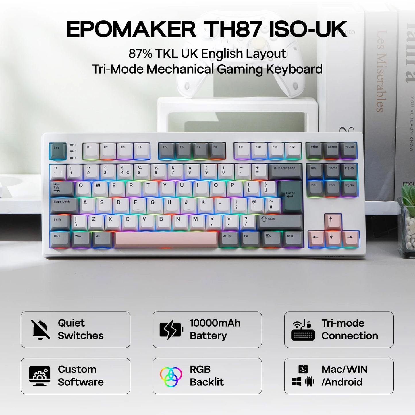Teclado mecânico EPOMAKER TH87 TKL com layout ISO-UK, ligação com fio/BT/2.4Ghz sem fios, NKRO, bateria de 10000mAh e iluminação RGB