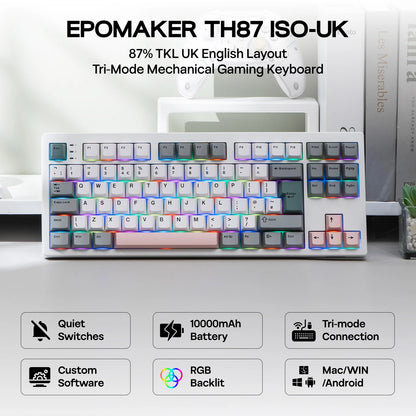 Teclado mecânico EPOMAKER TH87 TKL com layout ISO-UK, ligação com fio/BT/2.4Ghz sem fios, NKRO, bateria de 10000mAh e iluminação RGB