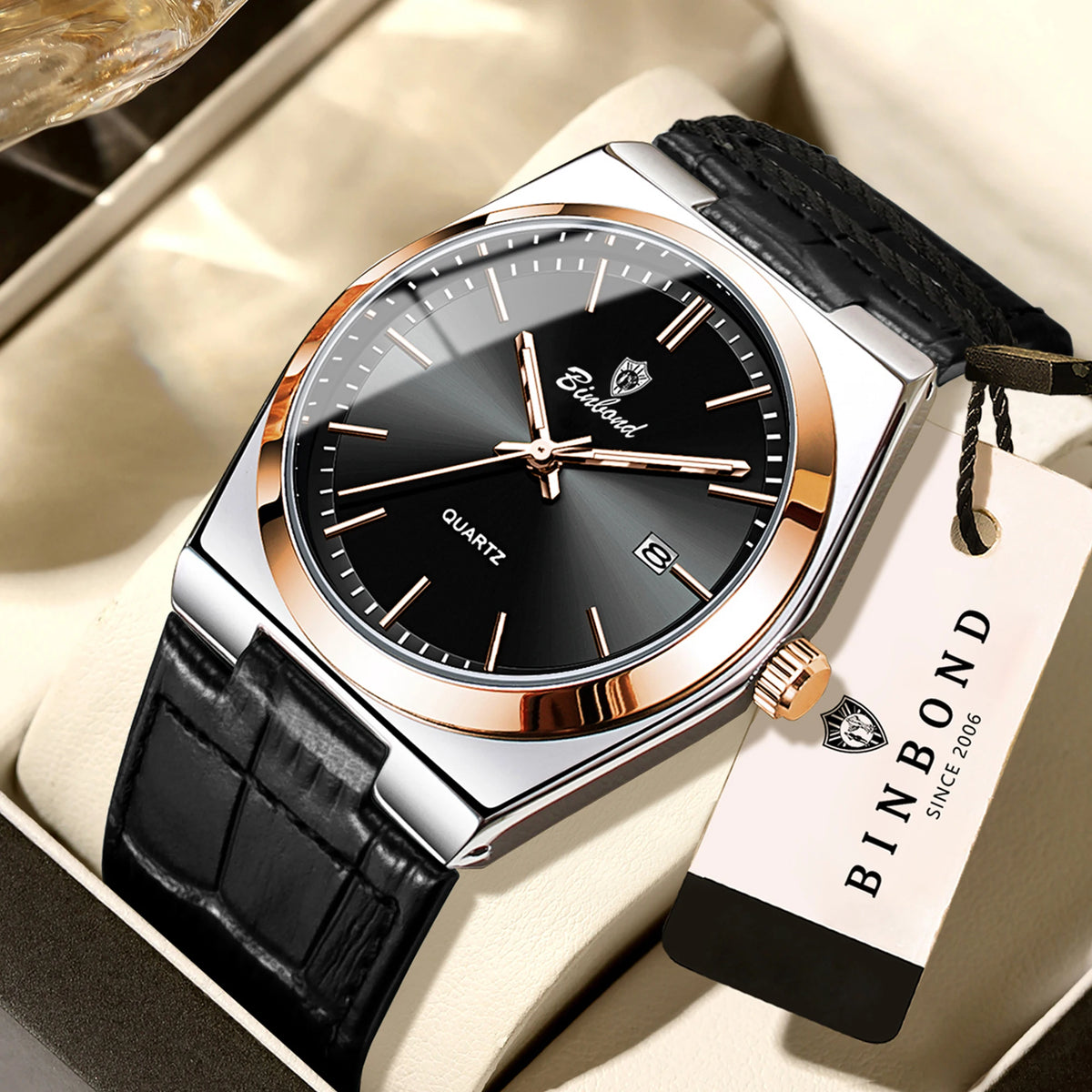 Relógio de pulso de luxo BINBOND com movimento de quartzo para homem – Impermeável, luminoso, com data automática – Estilo profissional, desportivo, moderno e descontraído – Pulseira em pele
