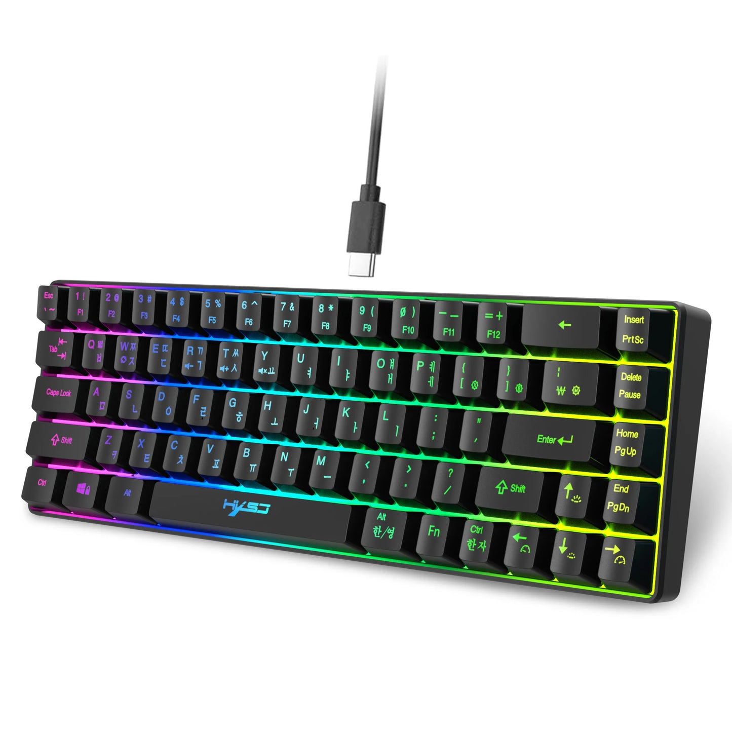 Teclado gaming coreano portátil HXSJ V200 de 68 teclas, 65%, com retroiluminação RGB, com fios, de membrana, para escritório, PC de secretária e computadores portáteis