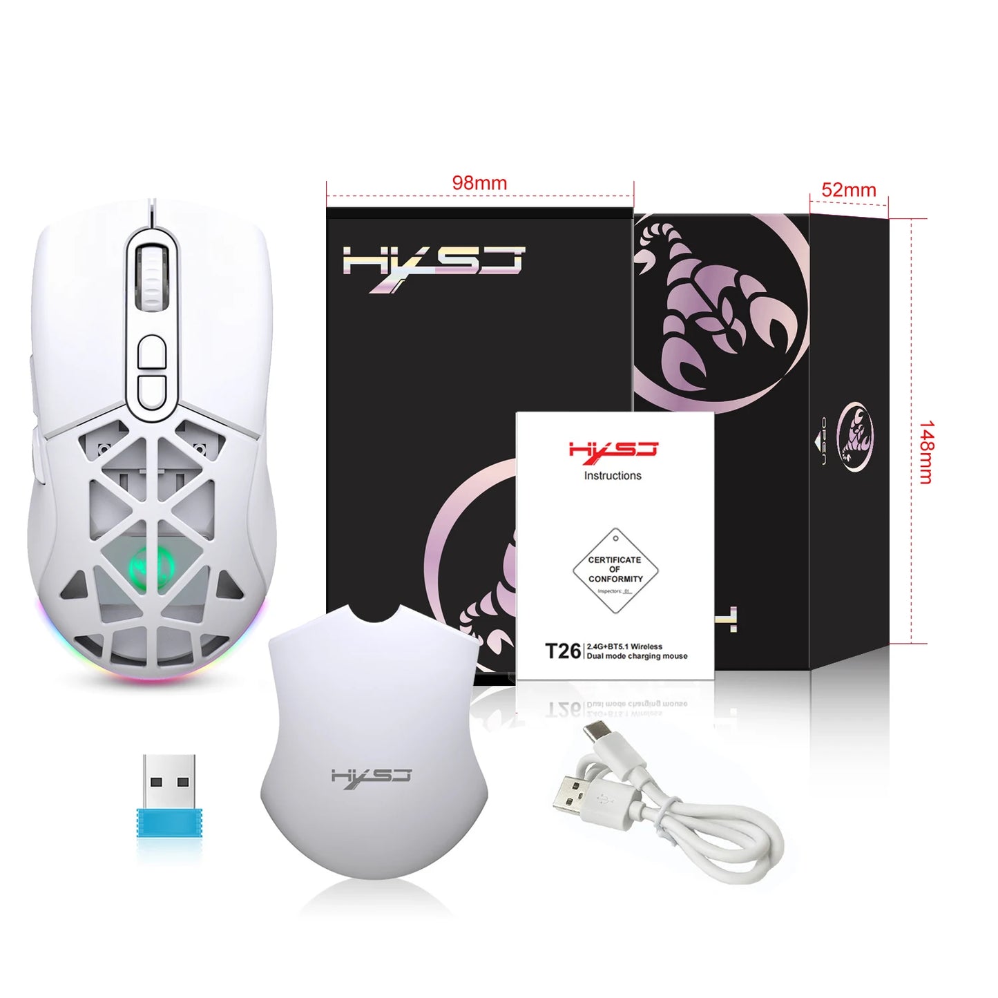 Ratón gaming HXSJ T26 de doble modo 2.4G+BT5.1, inalámbrico para portátil, 4800DPI ajustables, óptico, ergonómico para gamer