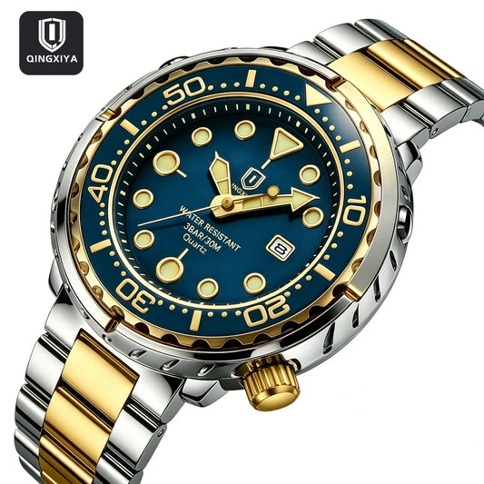 QINGXIYA Mens Watches Fashion Waterproof Luminous Date Rotating Dial High Quality Stainless Steel Luxury Brand Men Quartz Watch