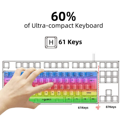 Teclado gaming transparente con cable HXSJ 60%, retroiluminación RGB, ultracompacto, resistente al agua, teclado compacto pequeño de 61 teclas para PC/Mac