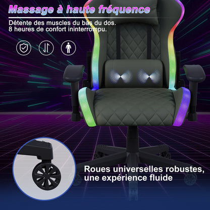 Ergonomic Gaming Chair with Massage Function, RGB LED, 90-135 Degree Recline,Up to 130kg,Office Chair, Premium Leather,Black