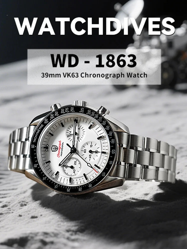 Reloj para hombre Watchdives New Wd1863 de cuarzo VK63, cronógrafo, cristal de zafiro abombado, resistente al agua, 39Mm, acero, marca líder, lujo, negocios