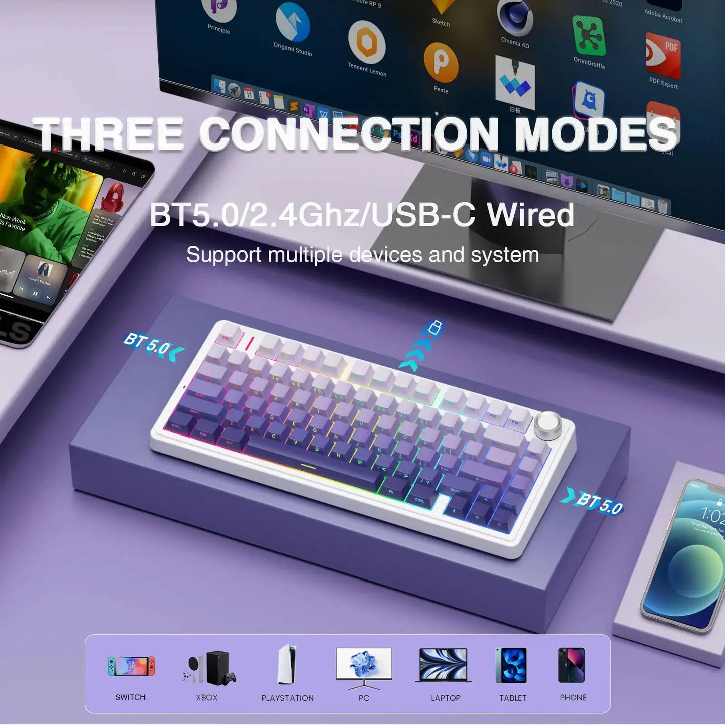 AULA F75 Pro Teclado mecánico gaming inalámbrico con montaje gasket, RGB personalizable, distribución 75% y teclas PBT con grabado lateral