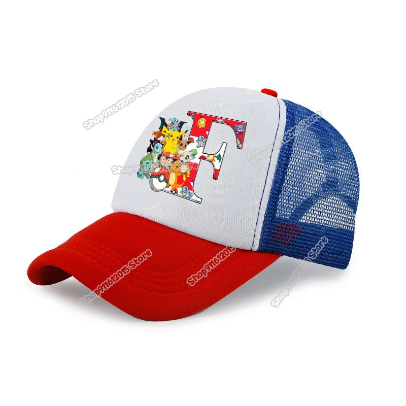 Tegneserie-Pokémon-baseballkasket til børn med Pikachu og bogstaverne A-Z – til drenge og piger – solbeskyttende solhat – børnekasket med skygge – sommer-trucker-kasket – far-kasket