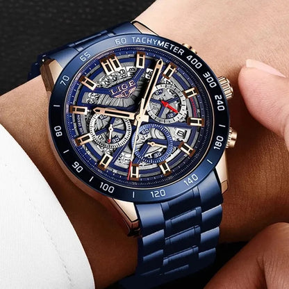 Relógio para homem LIGE – Relógio de luxo de grande marca, modelo com aberturas, cronógrafo de quartzo, estanque e desportivo