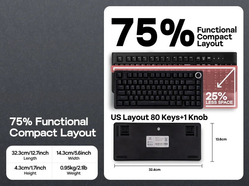 EPOMAKER x AULA F75 Teclado mecánico con cable 75% ANSI US Layout, montaje gasket, hot-swap, para Mac/WIN/Android, con perilla