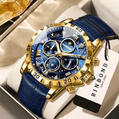 Relógio de pulso de quartzo BINBOND, autêntico e preciso, para homem, cronógrafo luxuoso, resistente à água e com luz, com bracelete em pele.