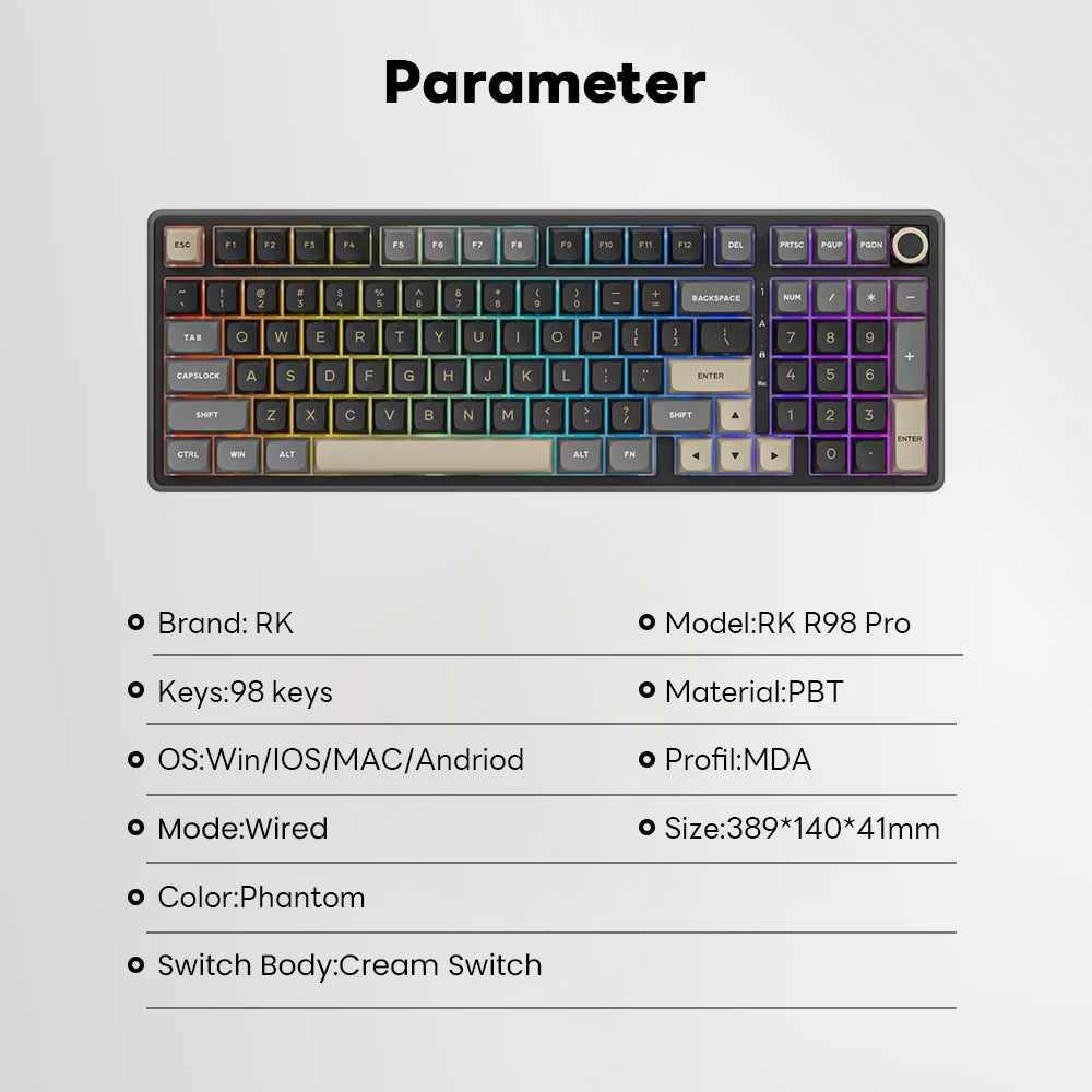 Tastiera meccanica cablata RK ROYAL KLUDGE R98Pro Gasket, 98 tasti, RGB, hot-swappable, pulsante pluggable, tastiera gamer con keycap PBT