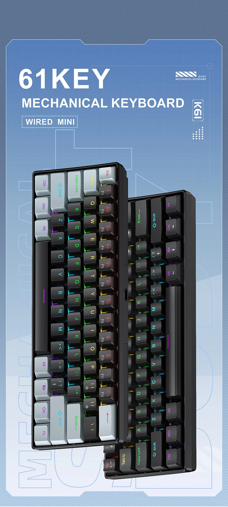 Tastiera meccanica mini APAYADO K61, cablata, 61 tasti, RGB Phantom, nera/bianca, switch meccanici rossi/blu per gaming, portatile 60%