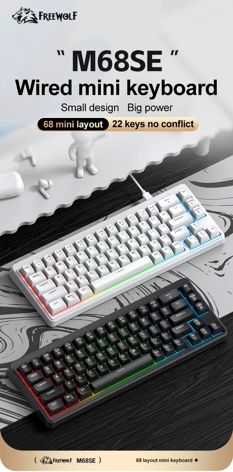 FREEWOLF M68SE Teclado mini con cable de 68 teclas, retroiluminación RGB, Type-C, diseño 68%, compacto para gaming, oficina, PC y portátil