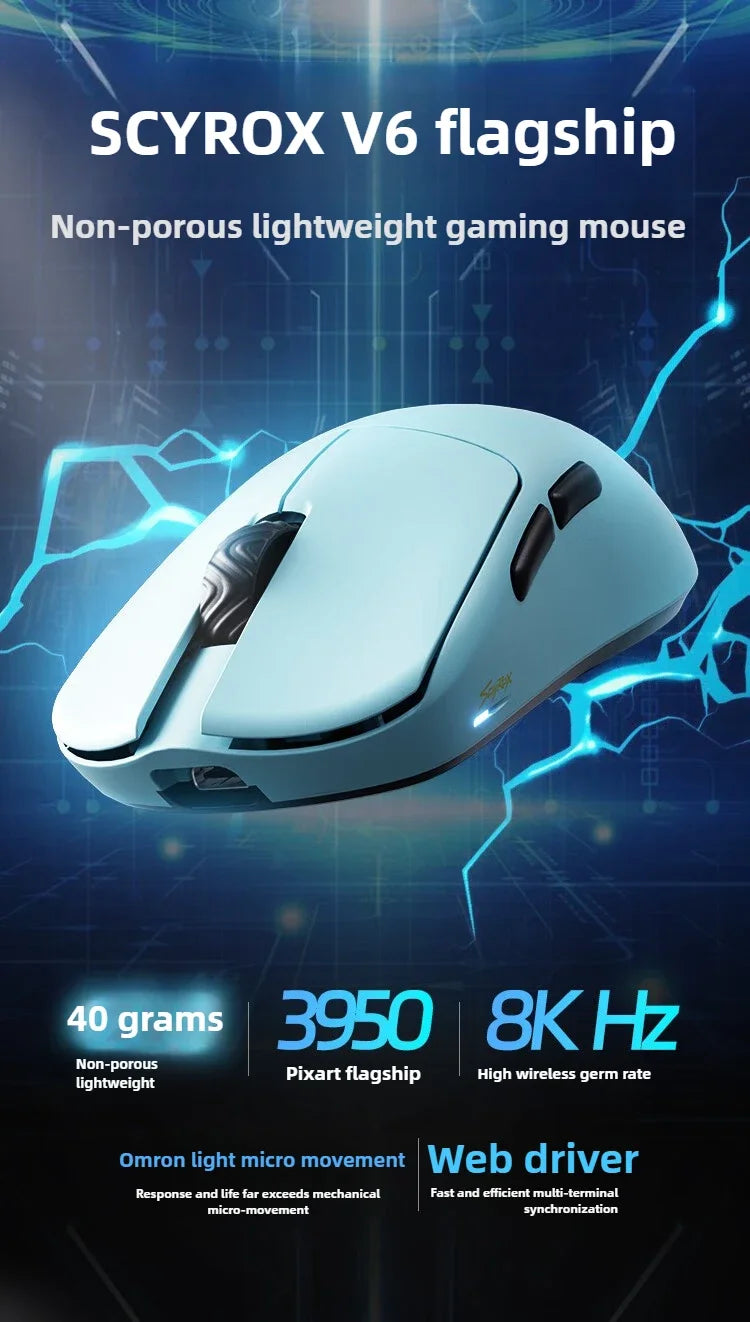 Mouse gaming wireless non poroso SCYROX V6 esports 40g 750IPS con ricevitore 8k, risposta rapida 3950, alta qualità 8KHz