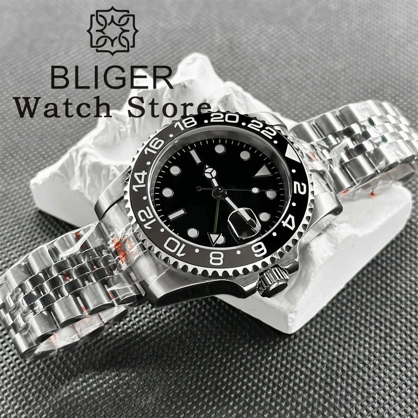 BLIGER 40mm 515 24H GMT Men's Watch Stainless Steel Clasp Luminous Quartz Movement Ceramic Bezel Sapphire Glass 10Bar Waterproof