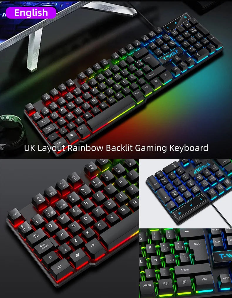 Tastiera gaming meccanica con retroilluminazione RGB, cablata USB, per ufficio e casa, tasti multimediali, layout russo, spagnolo, arabo e inglese