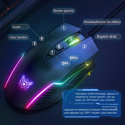 Ratón gaming con cable ONIKUMA, 6 niveles ajustables, 6400 DPI, 7 botones programables, 7 modos de iluminación RGB, diseño ergonómico para gamers de PC