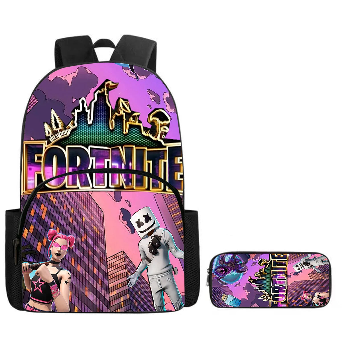 Zaino Fortnite Cartoon con tasca frontale e astuccio 2 pz - Set scolastico per bambini e bambine dai 5 agli 8 anni, regalo per il rientro a scuola