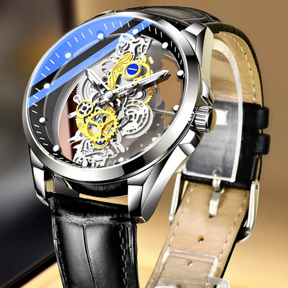 Trendig herrklocka, modell med dubbla öppningar, lyxig gulddesign, mekanisk tourbillon-imitation, kvartsverk.