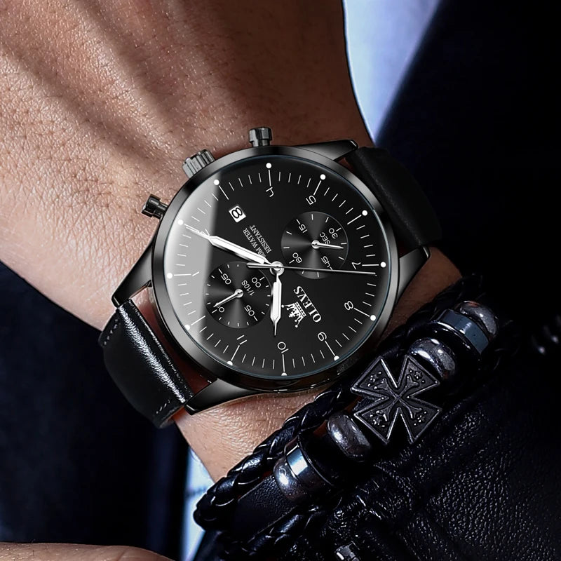 Relógio de homem OLEVS 2880 – Cronógrafo elegante e minimalista, bracelete em pele, indicação automática da data, resistente à água, ponteiros luminescentes, movimento de quartzo.