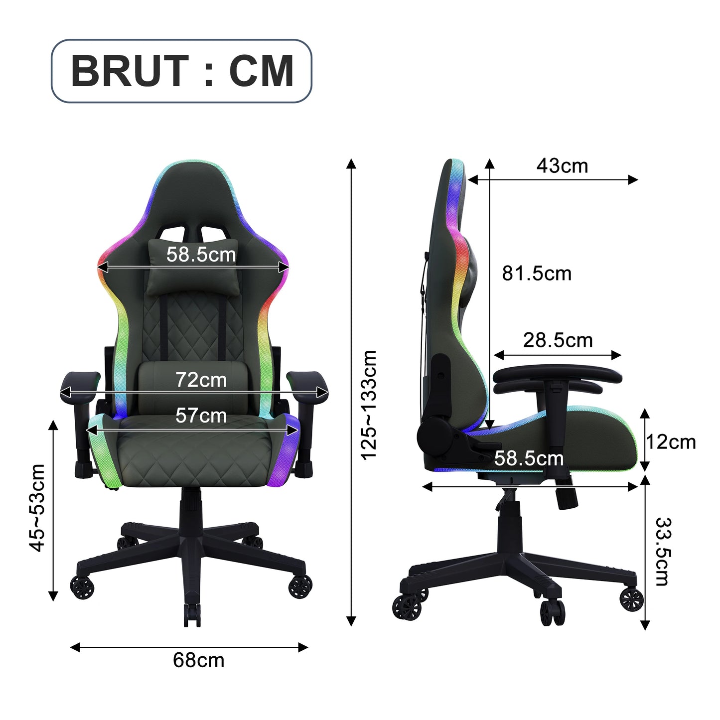 Rosahqnda Gaming Chair with Massage Function, Adjustable Office Chair, Gamer Chair with LED,Lumbar Cushion, Pillow,150 KG
