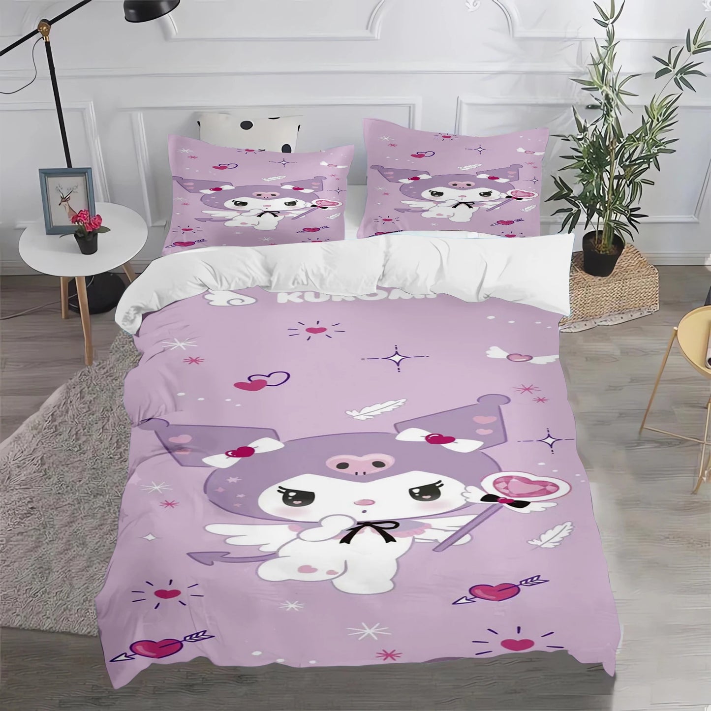 Conjunto de Capa de Edredão e Fronha Kuromi Fofo para Cama, Decoração de Quarto para Adulto, Rapaz e Rapariga, Presente para Crianças, Tamanho Individual, Duplo e Grande