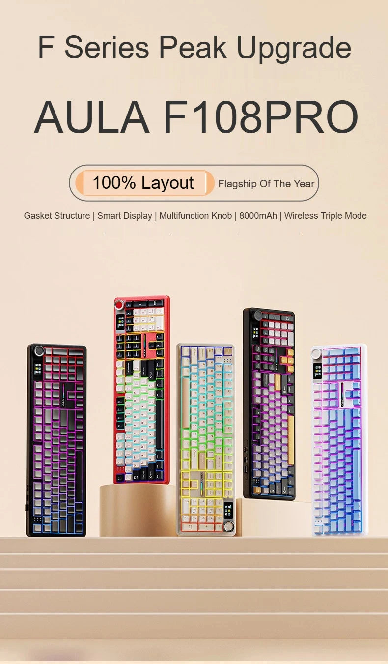 Teclado mecánico AULA F108 PRO personalizado con diseño 100%, retroiluminación RGB, Bluetooth inalámbrico, interruptor HiFi para gaming