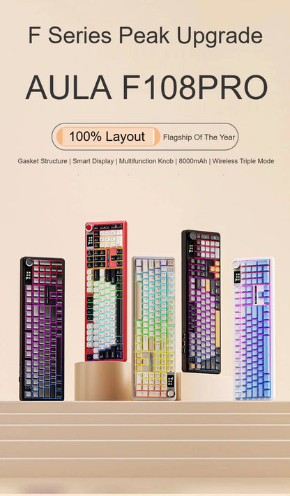 Teclado mecánico AULA F108 PRO personalizado con diseño 100%, retroiluminación RGB, Bluetooth inalámbrico, interruptor HiFi para gaming