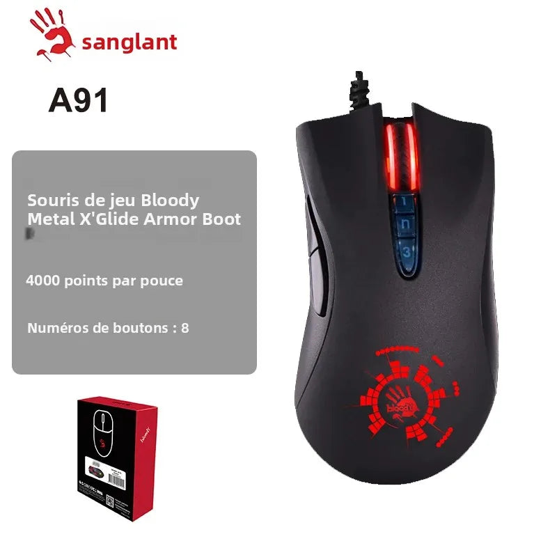 A4TECH Bloody A91 Gaming Mouse,4000 DPI,Drag Click,1000HZ,6666FPS,8 Buttons,Metal X' Glide Armor Boot,Over 20 million clicks