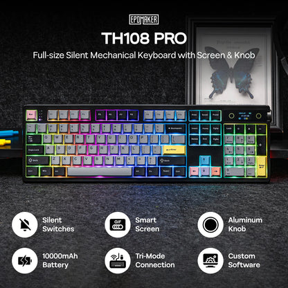 Teclado mecánico EPOMAKER TH108 PRO 100% de tamaño completo, hot-swap, con cable/BT/inalámbrico 2.4Ghz, pantalla y perilla, batería de 10000mAh