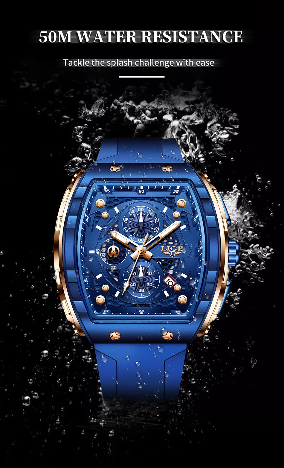 Reloj LIGE para hombre, de moda y lujo, resistente al agua, correa de silicona, cuarzo, luminoso, deportivo, fecha automática, cronógrafo, diseño sencillo