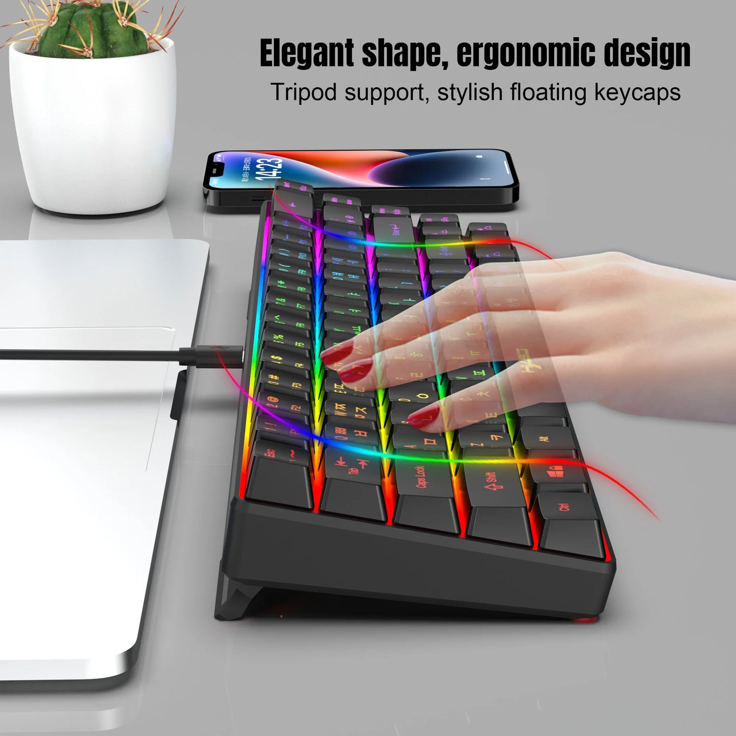 Teclado gaming coreano portátil HXSJ V200 de 68 teclas, 65%, com retroiluminação RGB, com fios, de membrana, para escritório, PC de secretária e computadores portáteis