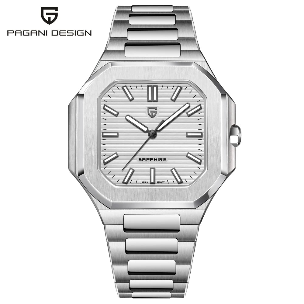 Reloj de lujo cuadrado de cuarzo PAGANI DESIGN 2026 para hombre, cristal de zafiro AR, movimiento japonés, luminoso, acero 316L completo