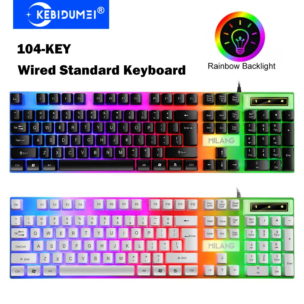 KEBIDUMEI Tastiera cablata USB RGB retroilluminata da gaming 104 tasti, tastiera standard a membrana per PC, laptop, Windows, iOS