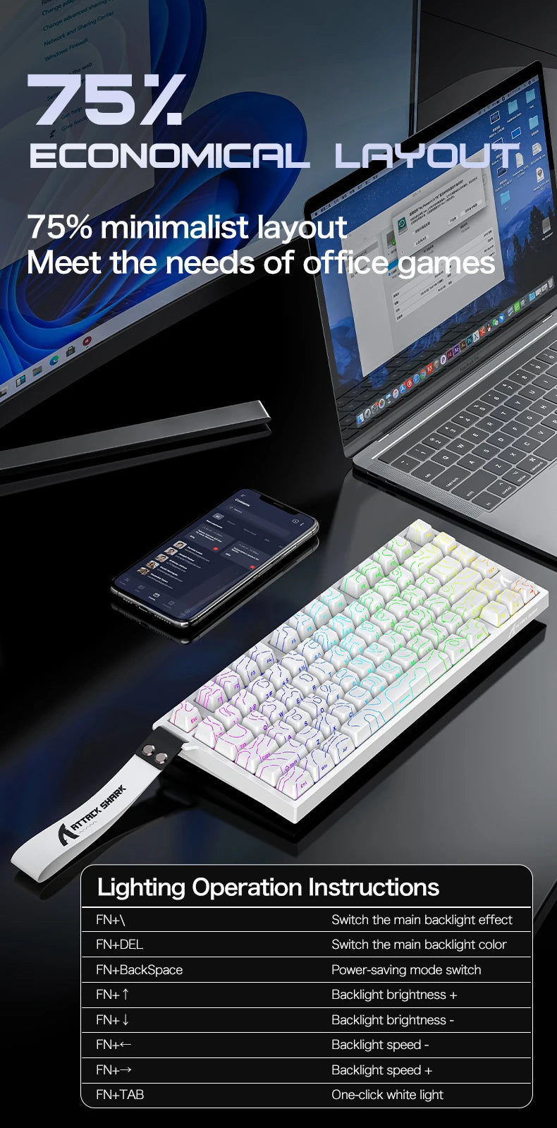 Teclado gaming magnético con cable ATTACK SHARK R82 HE 75% RGB 8000Hz Rapid Trigger, activación de 0.005mm