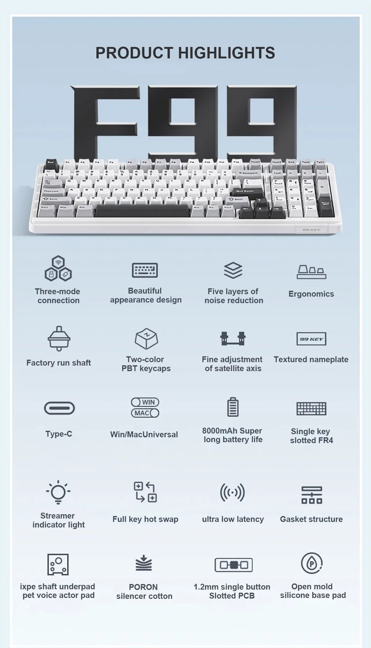 Teclado mecánico AULA F99 Bluetooth 5.0/2.4G inalámbrico/con cable, teclado gaming con montaje gasket de 99 teclas, personalizable