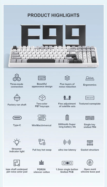 Teclado mecánico AULA F99 Bluetooth 5.0/2.4G inalámbrico/con cable, teclado gaming con montaje gasket de 99 teclas, personalizable