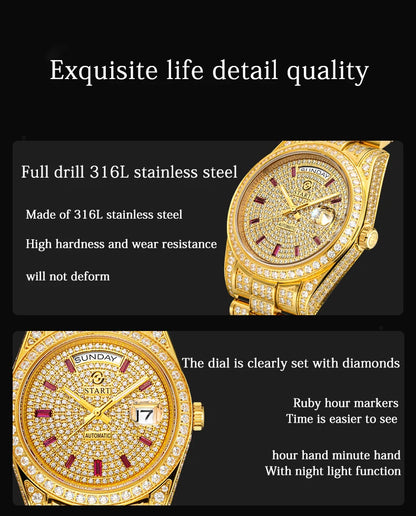 【START】Men's Watch Swiss Automatic Mechanical Movement Diamond Watch Waterproof Date Week Function Golden Watch
